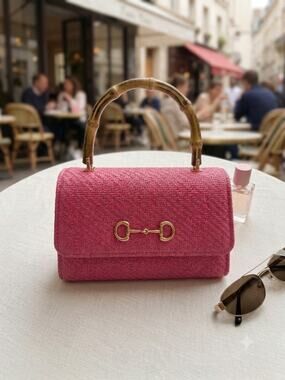 Hot Pink Woven Raffia Crossbody Bag, Bamboo Handle & Gold Horsebit